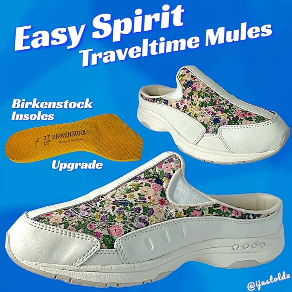 Easy Spirit Traveltime Mules | W Size 5 | LE Floral/White | Birkenstock Insoles